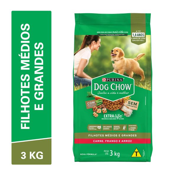 Dog Chow Cães Filhotes Raças Médias e Grandes Carne, Frango e Arroz 3kg