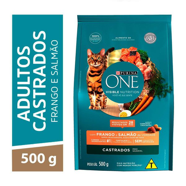 One Ração Seca Gatos Adultos Castrados Frango e Salmão 500g