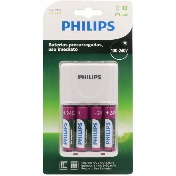 Carregador de Pilhas Philips Bivolt com 4 pilhas 2450mAh 