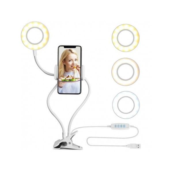 Ring Light com Suporte para Celular, Luz e Braços Flexíveis - Branco