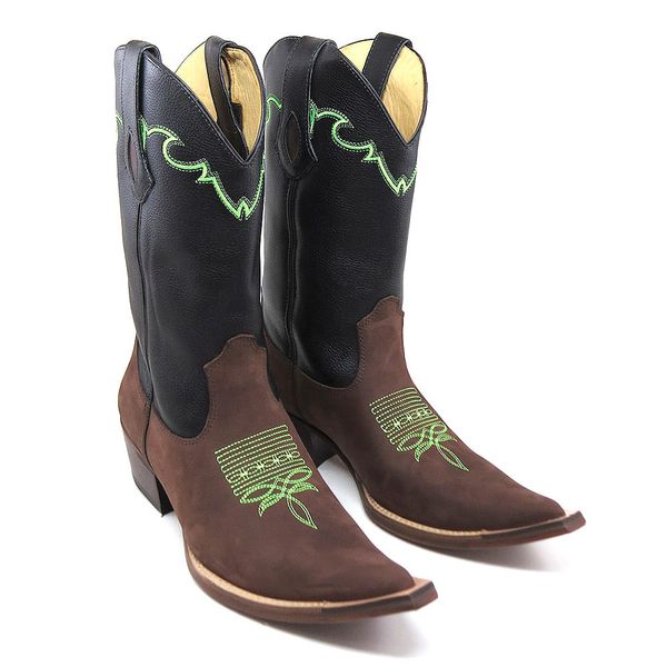 Bota Texana Masculina De Couro Legítimo Crazy Horse Café Corte a Laser com  Detalhe Verde Agua