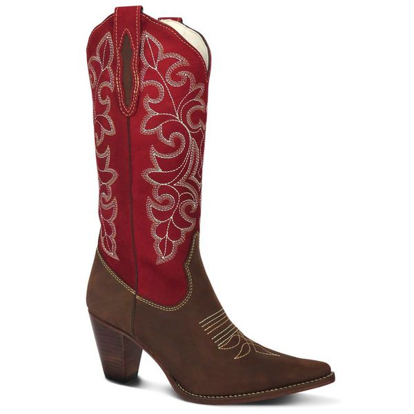 Bota Texana Feminina Couro Nobuck Café e Nobuck Vermelho - Silverado Botas