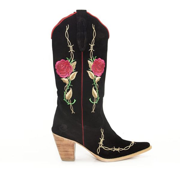 Bota Texana Feminina Couro Nobuck Preto Com Bordado Rosas e Arame - Silverado Botas