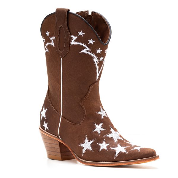 Bota Texana Feminina Couro Crazy Horse Cafe com Estrelas - Silverado Botas