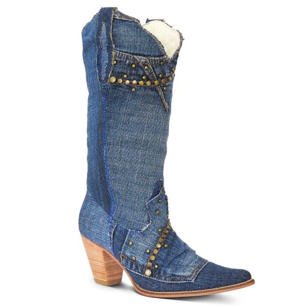Bota Texana Feminina Tecido Jeans Azul - Silverado Botas