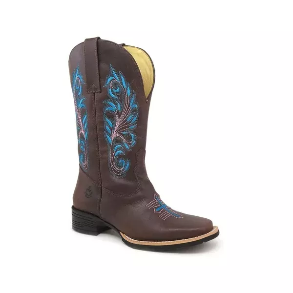 Bota Texana Feminina Couro Fossil Cafe Bordado e Florao Cruz - Silverado Botas