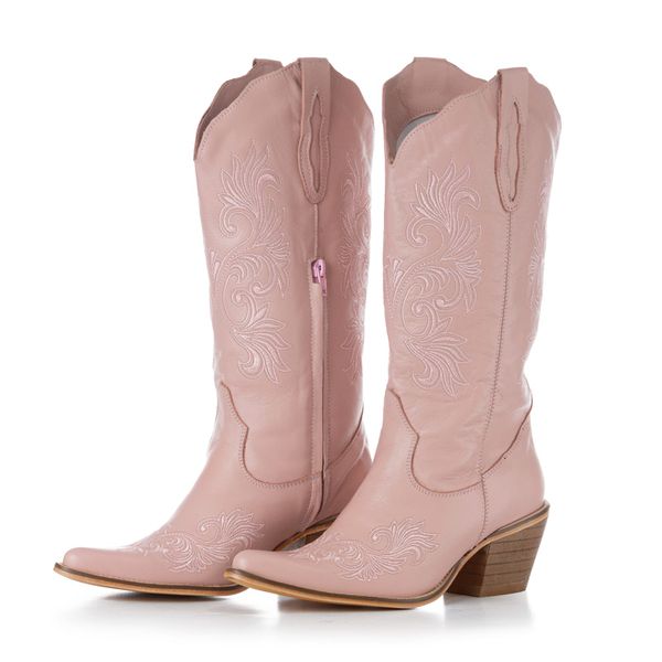 Bota Texana Feminina Couro Plume Rosa Bordados Rosa Silverado