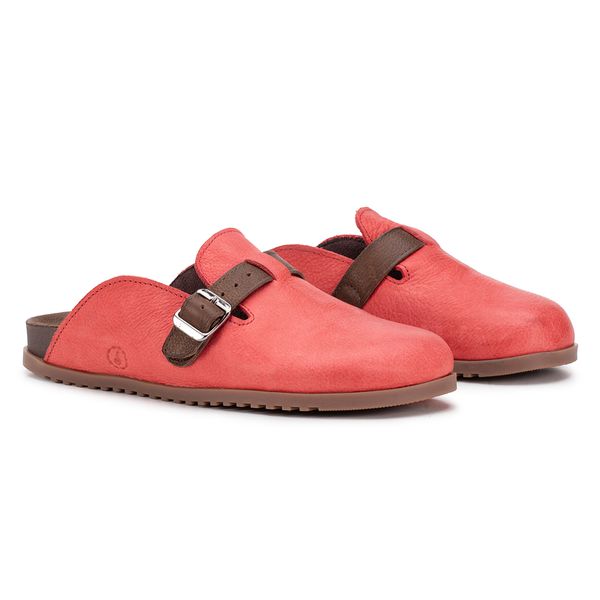 Birken Amanay – Couro Vermelho com Tira Café e Fivela Prateada