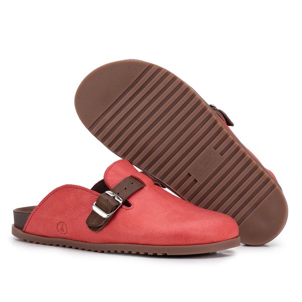 Birken Amanay – Couro Vermelho com Tira Café e Fivela Prateada