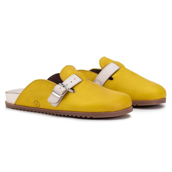 Birken Amanay – Couro Citrino com Tira Off White e Fivela Prateada