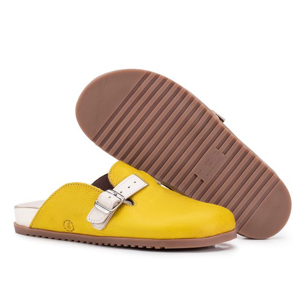 Birken Amanay – Couro Citrino com Tira Off White e Fivela Prateada