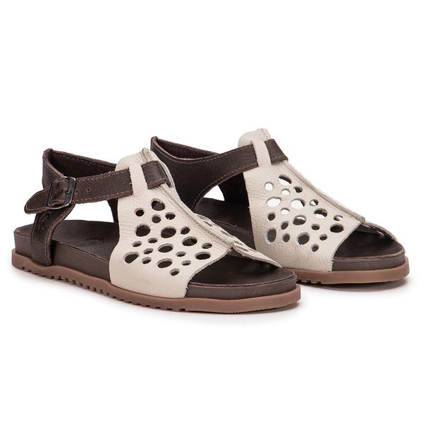 Sandália Birken Ingrid – Elegância Bicolor em Couro Café & Off White