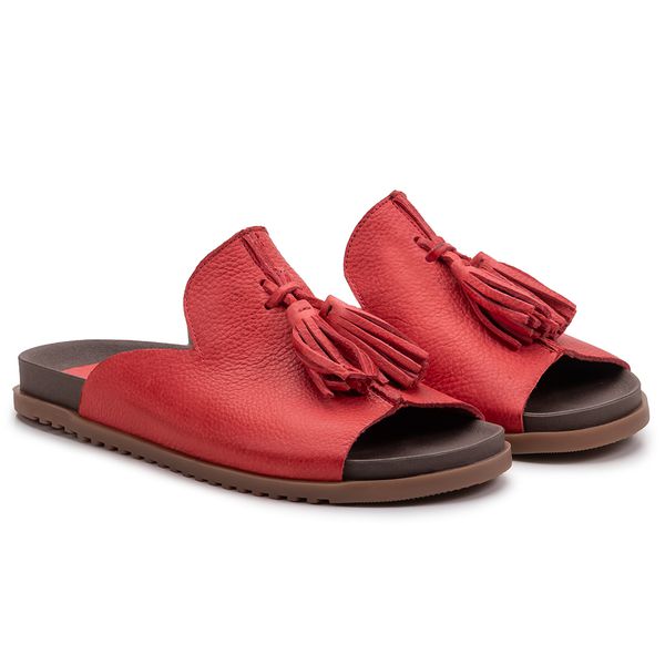 Birken Jasmine: Elegância em Couro Vermelho com Franjinhas e Sola Redonda Marrom