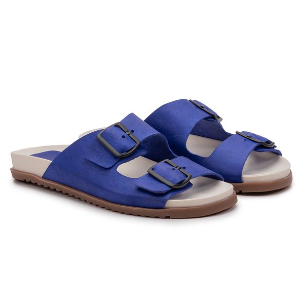 Birkem Amélia: Elegância em Azul Royal com Detalhes Brancos e Sola Redonda Marrom