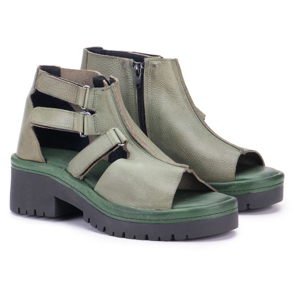 Sandália Leticia Verde Militar com Velcro, Zíper Preto e Sola Alta Preta