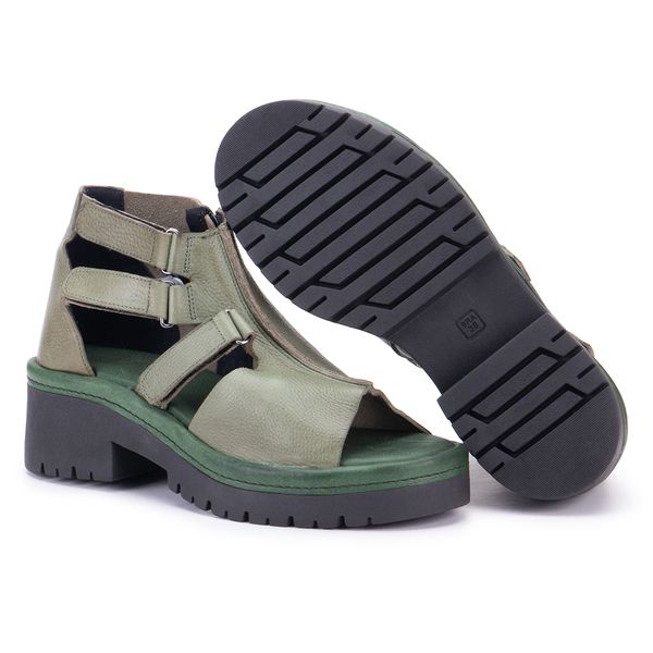 Sandália Leticia Verde Militar com Velcro, Zíper Preto e Sola Alta Preta