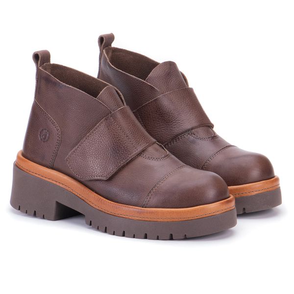 Bota Cano Médio Sinka com Velcro em Couro Telha e Sola Alta Café