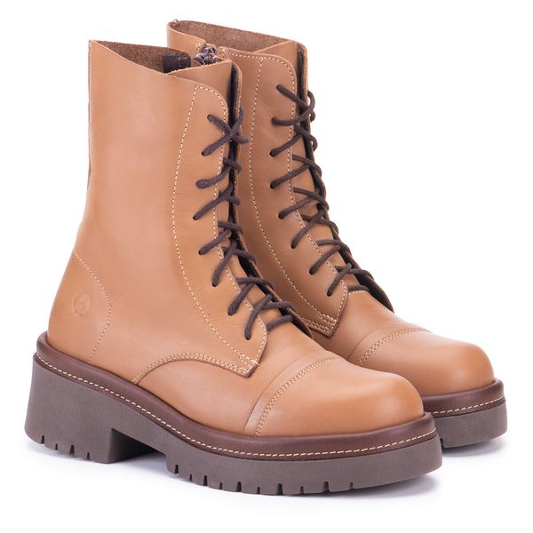 Bota Tais Cano Alto Em Couro Bege com Sola Alta Café