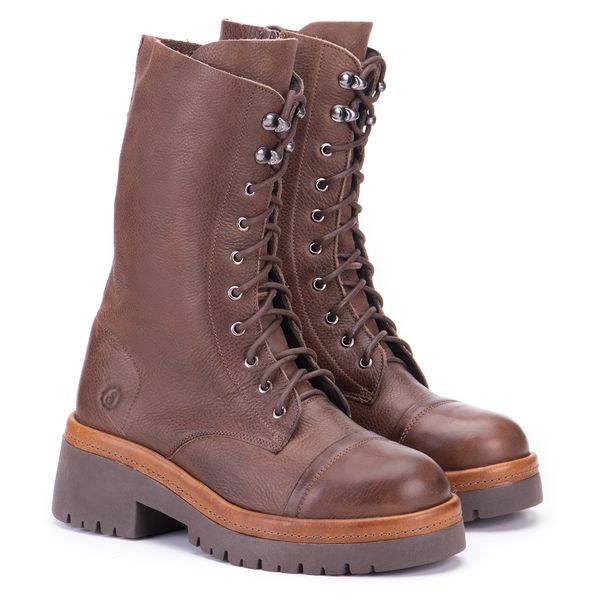 Bota de Cano Alto com Sola Elevada em Couro Café
