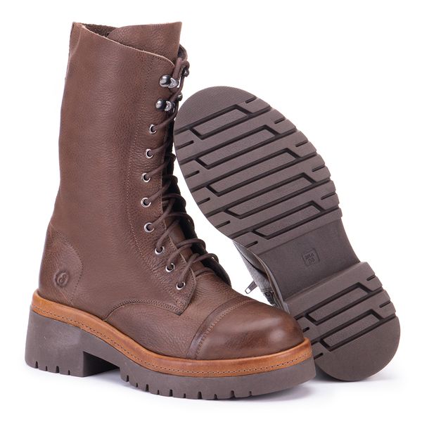 Bota de Cano Alto com Sola Elevada em Couro Café