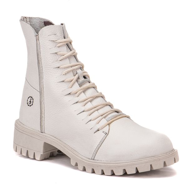 Bota Alicia Em Couro Graxo Off White Com Sola de Borracha Off White