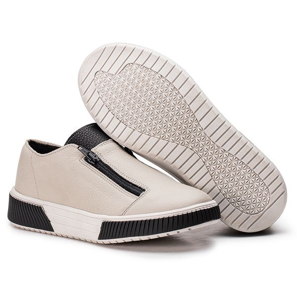 Tenis Em Couro Em Cores Off White e Lingua na Cor Preta