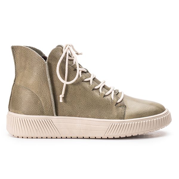 Tenis Cindy: Cano Medio Em Couro Na Cor Grafite Com Atacador Off White e Solado Branco