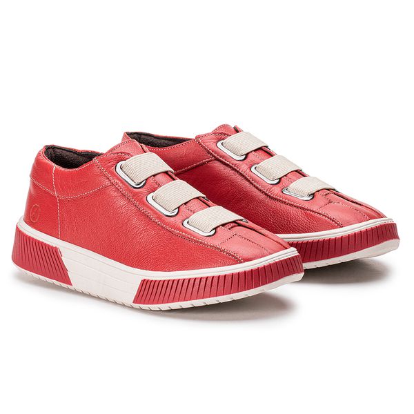 Tenis Teodora: Em Couro Na Cor Tomate e Elastico Cinza E Solado Vermelho