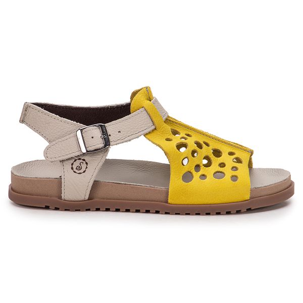 Sandália Birken Ingrid em Couro Traseiro Off White e Couro Frontal Citrino com Fivela Prata Palmilha e Solado Bege
