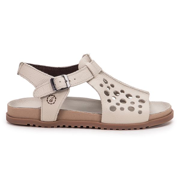 Sandália Birken Ingrid em Couro Off White Com Fivela Prata Palmilha e Solado Bege