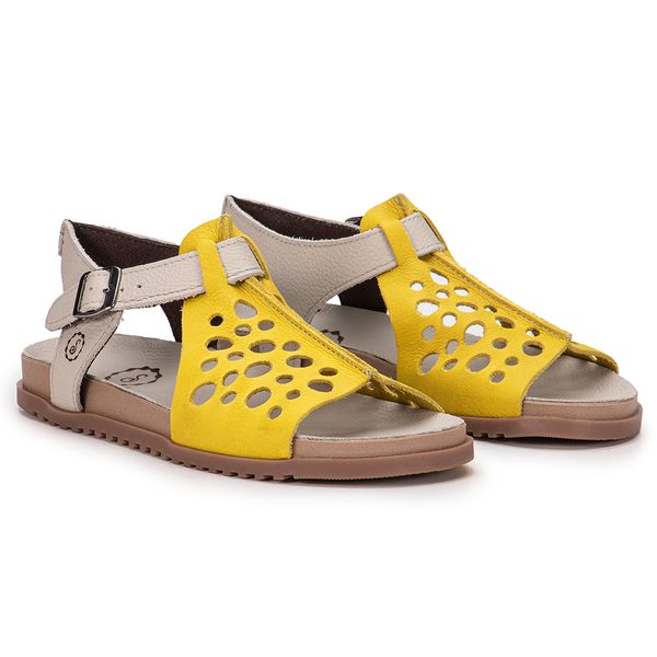 Sandália Birken Ingrid em Couro Traseiro Off White e Couro Frontal Citrino com Fivela Prata Palmilha e Solado Bege