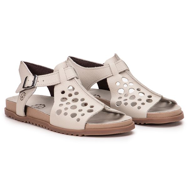 Sandália Birken Ingrid em Couro Off White Com Fivela Prata Palmilha e Solado Bege