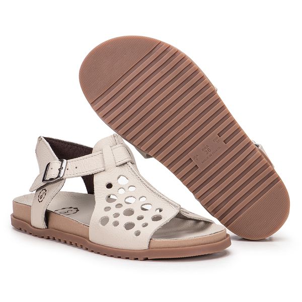Sandália Birken Ingrid em Couro Off White Com Fivela Prata Palmilha e Solado Bege