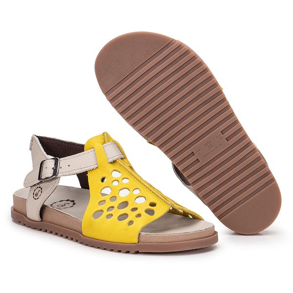 Sandália Birken Ingrid em Couro Traseiro Off White e Couro Frontal Citrino com Fivela Prata Palmilha e Solado Bege