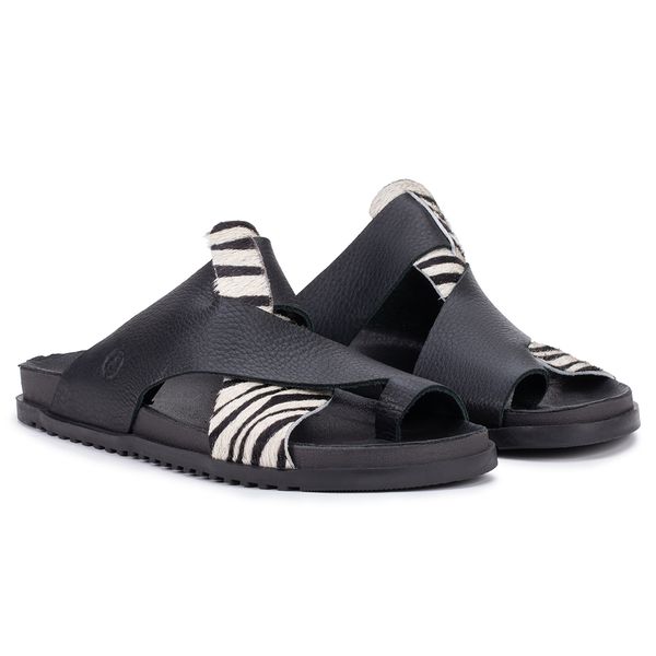 Sandália Birken Mary Trançada com Suporte para Dedão – Couro Preto e Pele de Zebra