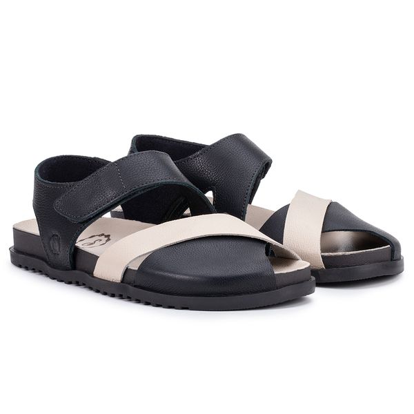 Sandália Birken Astrid com Velcro Traseiro e Frente Trançada – Couro Preto e Off White
