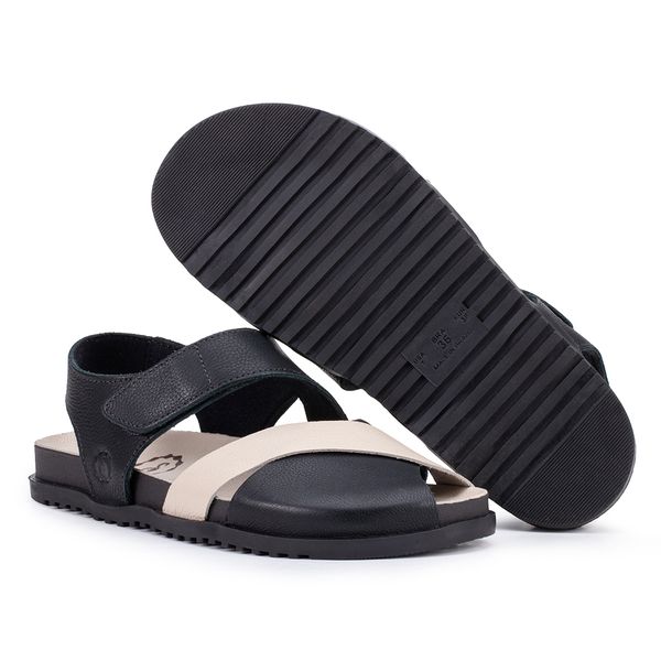 Sandália Birken Astrid com Velcro Traseiro e Frente Trançada – Couro Preto e Off White