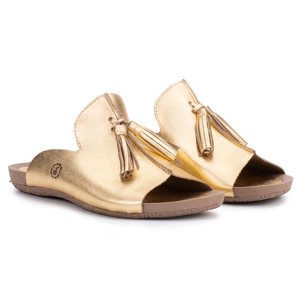 Birken Jasmine em Couro Ouro com Franjas e Palmilha Comfort Anatômica