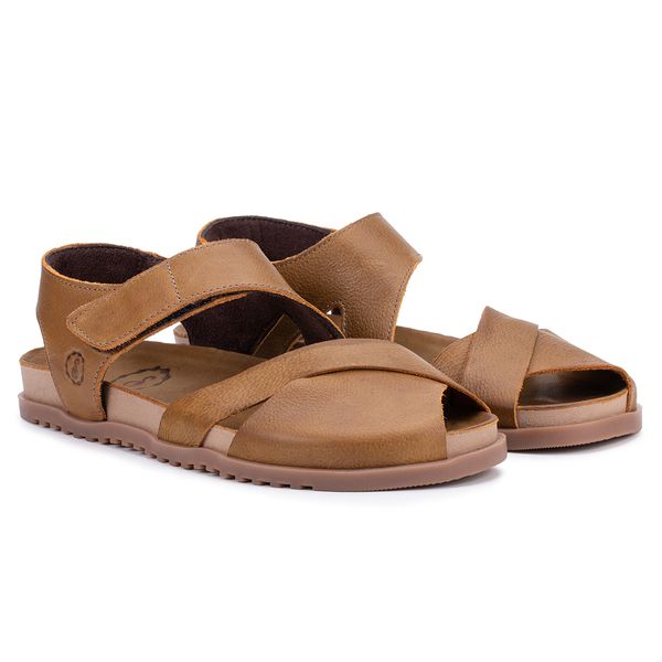 Sandália Birken Astrid com Velcro Traseiro e Frente Trançada – Couro Conhaque