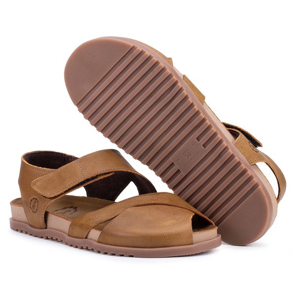 Sandália Birken Astrid com Velcro Traseiro e Frente Trançada – Couro Conhaque