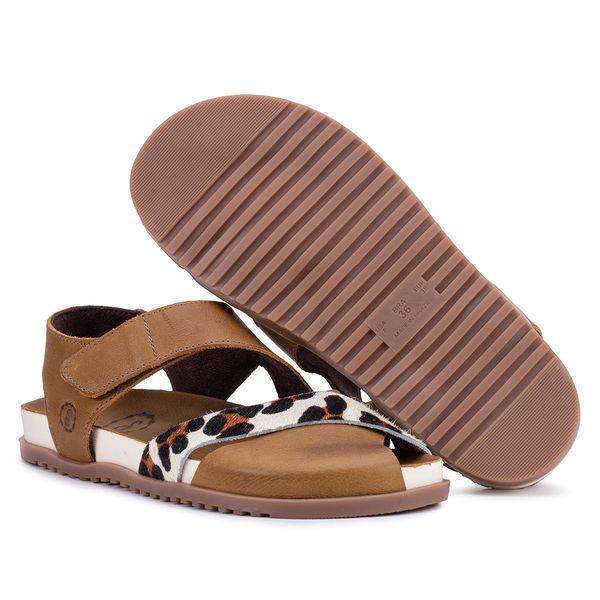 Sandália Birken Astrid com Velcro Traseiro e Frente Trançada – Couro Conhaque e Pele de Onça
