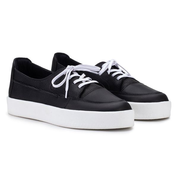 Tênis Zoe em Couro Preto com Solado Alto e Cadarço Off White