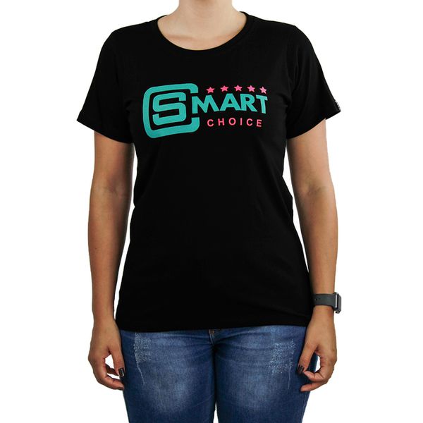 Camiseta Feminina Smart Preta Silk Turquesa e Rosa