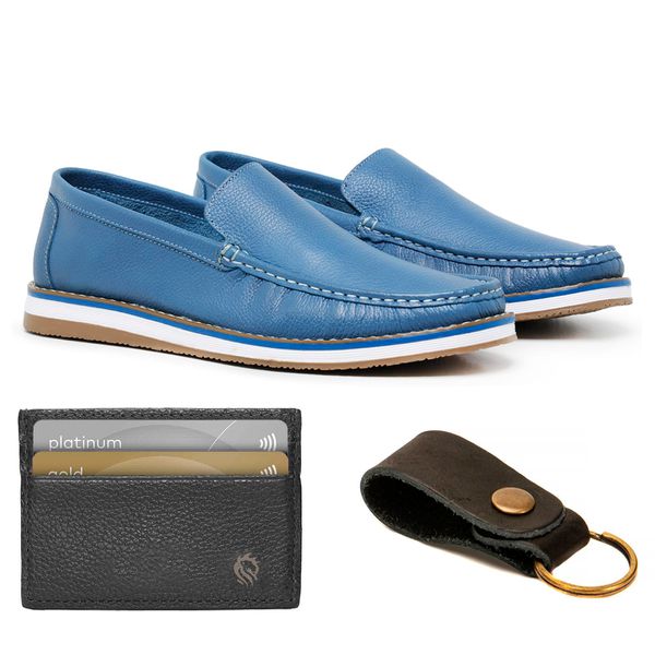 Combo Mocassim Floater Find Blue+ Chaveiro Couro + Porta Cartão Lujan 