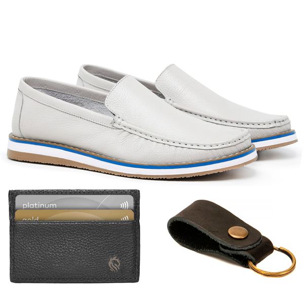 Combo Mocassim Floater Off White + Chaveiro Couro + Porta Cartão Lujan 