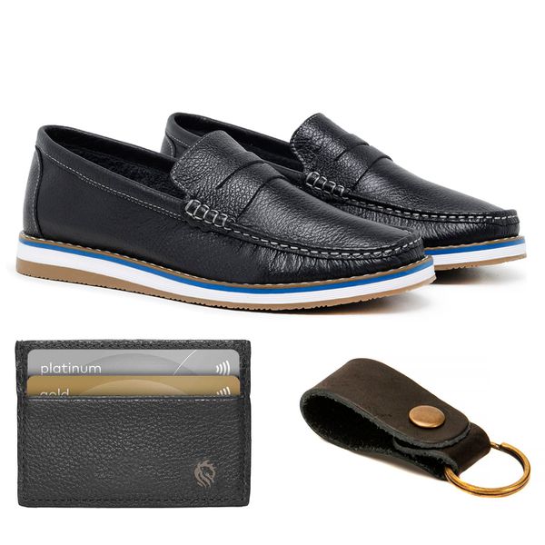 Combo Mocassim Floater Preto + Chaveiro Couro + Porta Cartão Lujan 