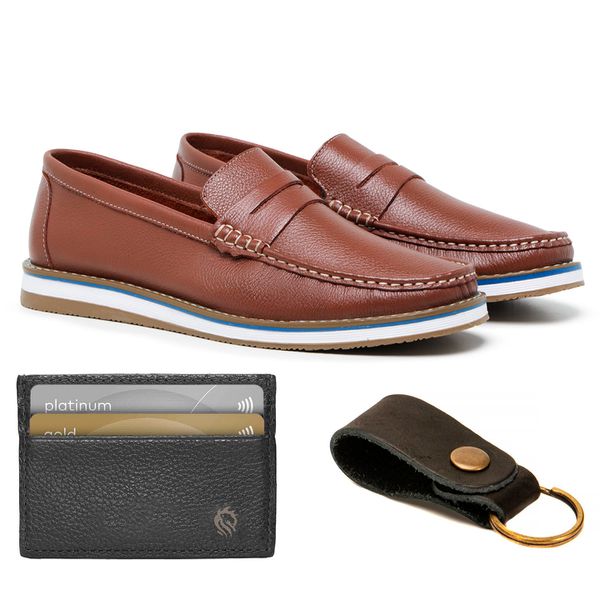 Combo Mocassim Floater Café + Chaveiro Couro + Porta Cartão Lujan