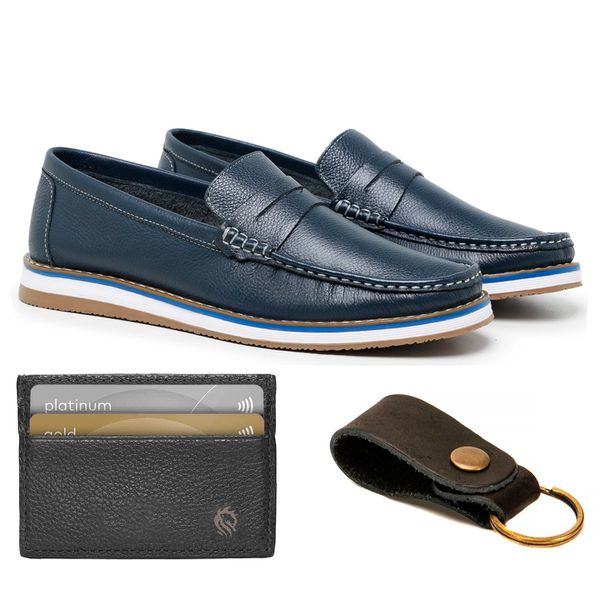 Combo Mocassim Floater Marinho + Chaveiro Couro + Porta Cartão Lujan 