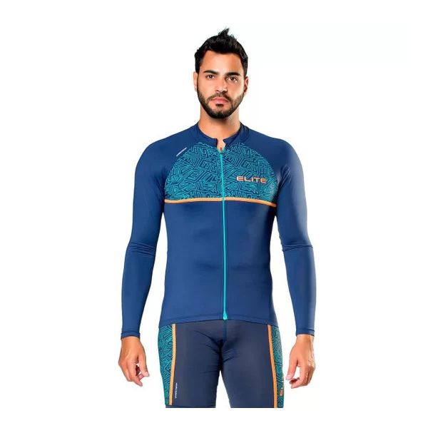 Camisa Manga Longa Elite Bike Experience Azul/laranja/verde 