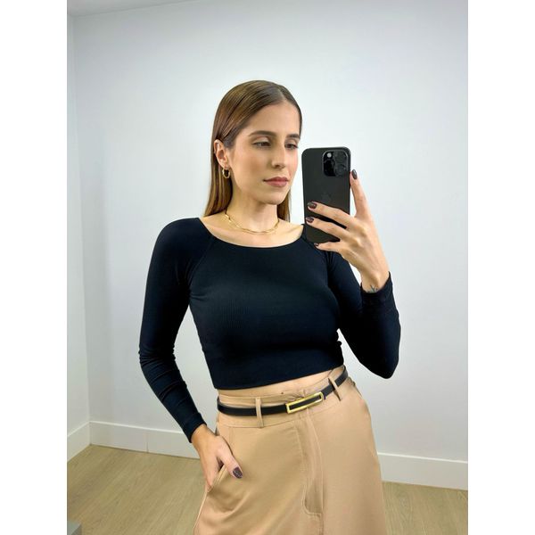 Cropped Canelado Manga Longa Preto